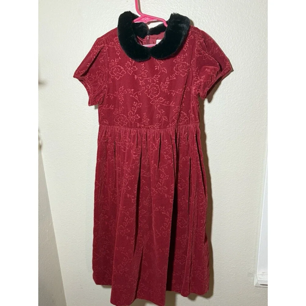 Gymboree Girls Red Crushed Velvet Dress with Faux-Fur Peter Pan Collar 3XL  8yrs